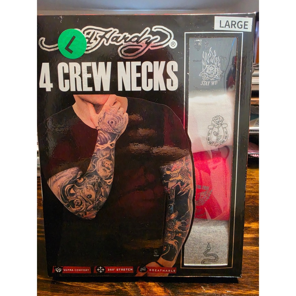Ed Hardy Mens 4 Pack Crew Neck T-Shirts Graphic Undershirts Tattoo Art Large NEW
